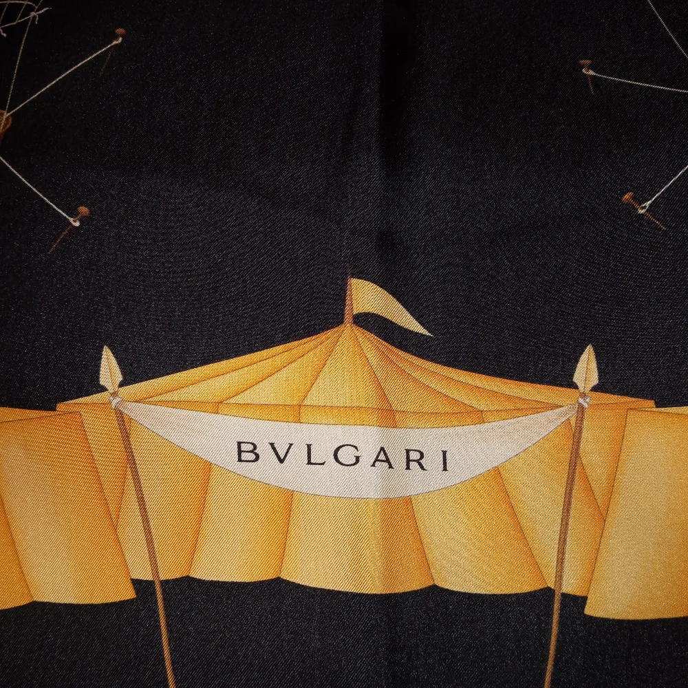 Bulgari Black Silk Scarf with Yellow Border and Multicolor Hot Air Balloons